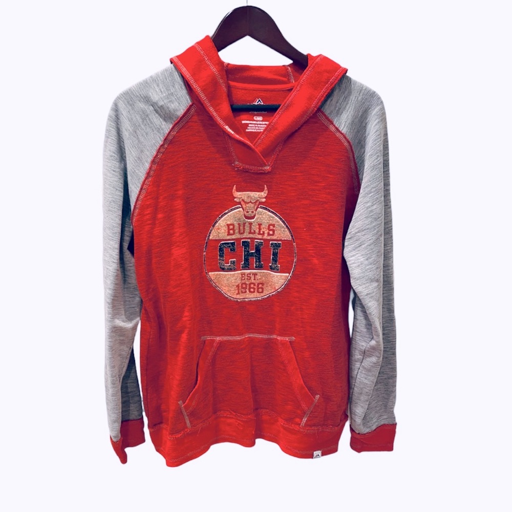 Retro Majestic Chicago Bulls NBA Hoodie Sweatshirt Red Gray L Basketball